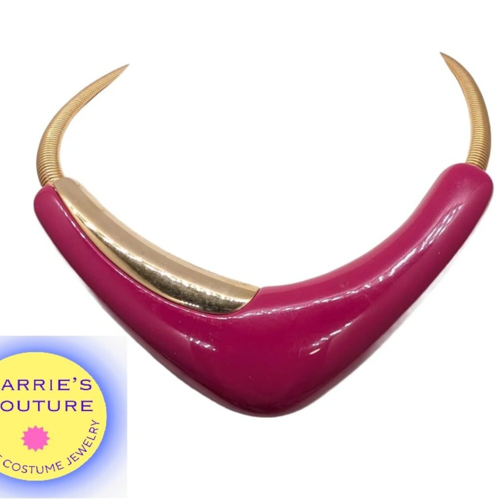 Vintage 1980s Signed Monet Goldtone & Dark Pink Resin Collar Necklace